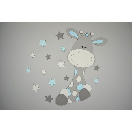 Giraf Zazu met sterren/bloemen - babyblauw (naam optioneel) (60x60cm)